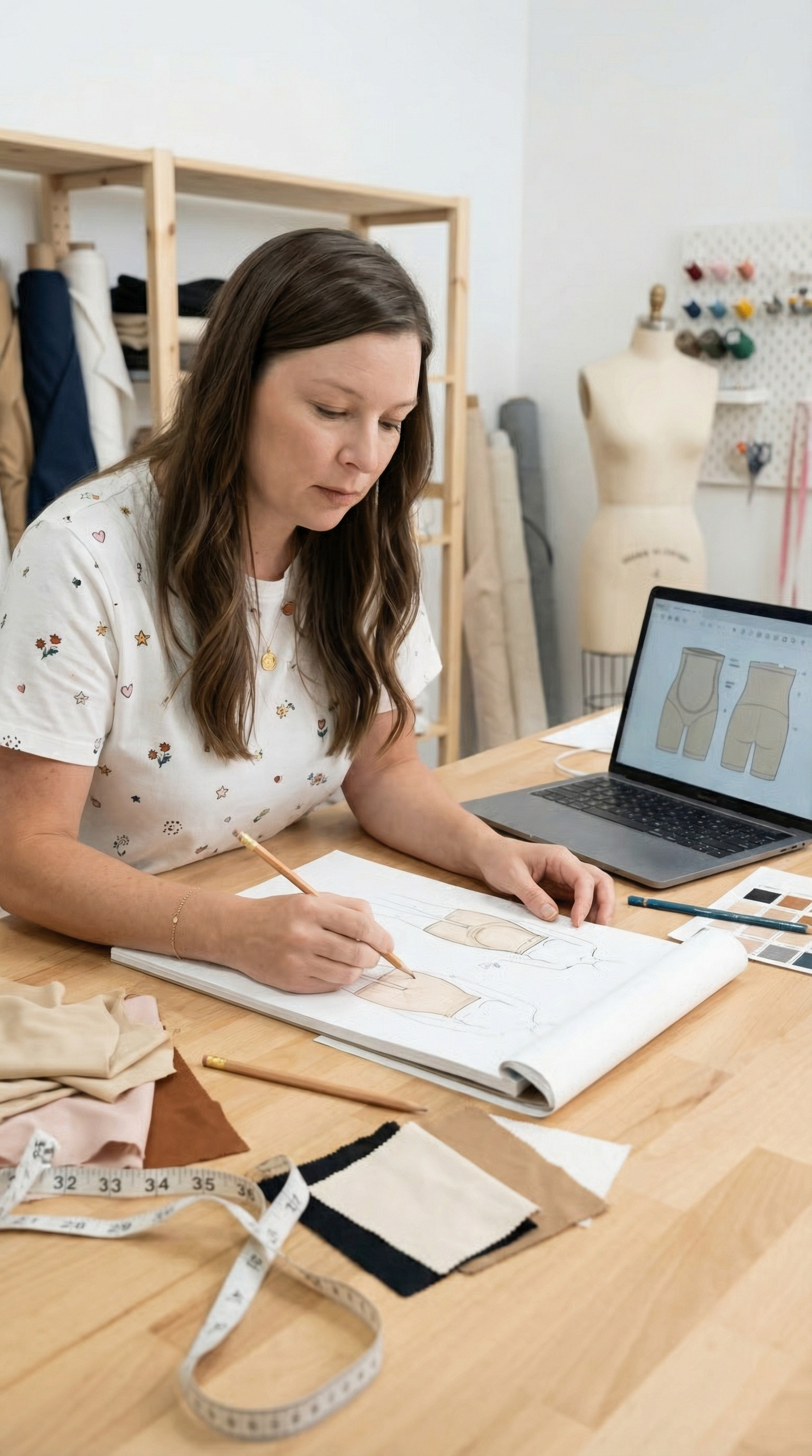 A woman sketches a clothing design in a notebook at a desk with a laptop and fabric swatches.