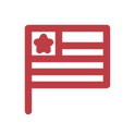 A red icon of a flag with stripes and a flower in the top left corner.