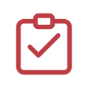 A red icon of a clipboard with a checkmark on it.