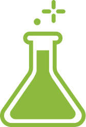 Green outline of a laboratory flask with sparkles above it.