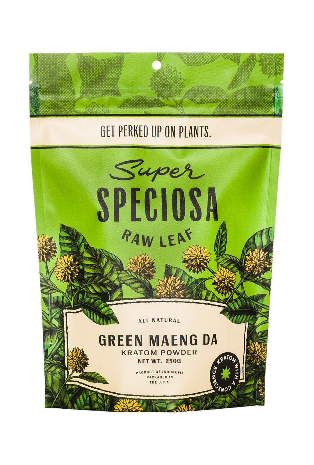 Green packaging of Super Speciosa Green Maeng Da Kratom Powder, 250g.