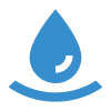 A stylized blue icon of a water droplet above a curved line.
