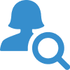 A blue icon of a person's silhouette with a magnifying glass.