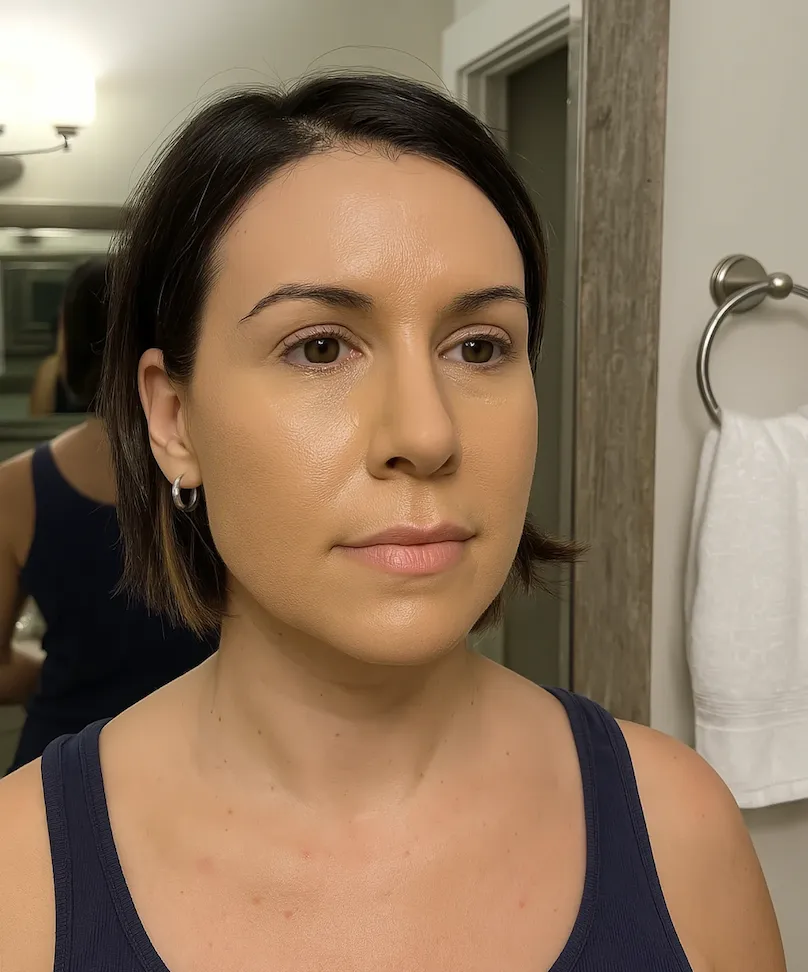 A woman with short dark hair and foundation on her face looks to the side in a bathroom.