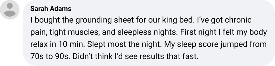 Social media post with a testimonial about a grounding sheet improving sleep.
