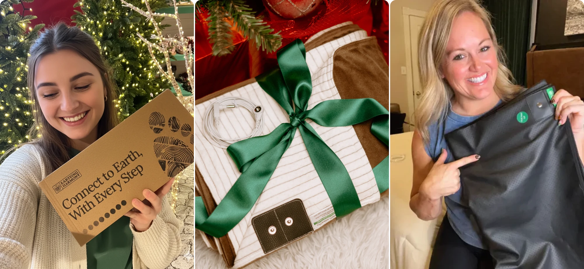 Three images: person with a box, gift with green ribbon, person holding a black mat.