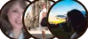 Three overlapping circular photos: a portrait of a woman, a person outdoors, and a sunset landscape.