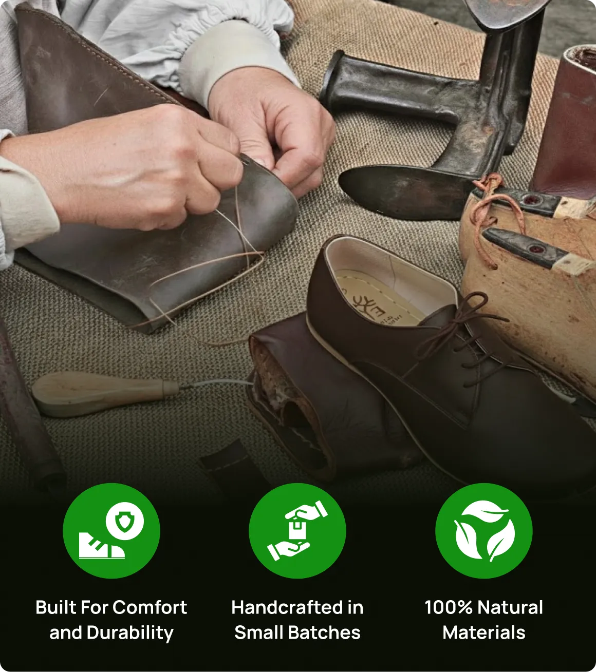 A person crafting leather shoes with tools on a table.