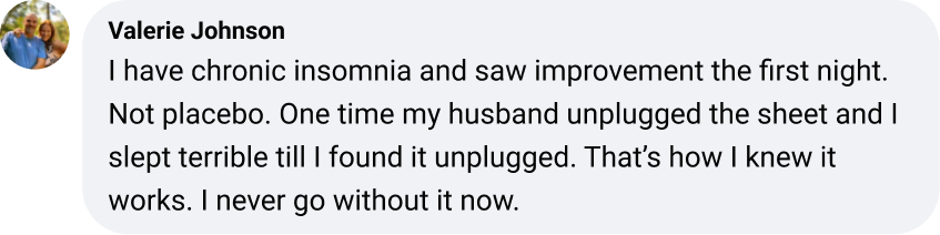 Text message discussing improvement in insomnia with an unplugged sheet issue.