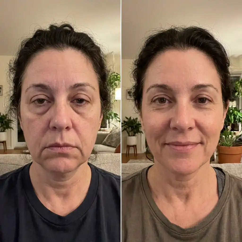 A before-and-after comparison of a woman's face, appearing tired on the left and refreshed and smiling on the right.