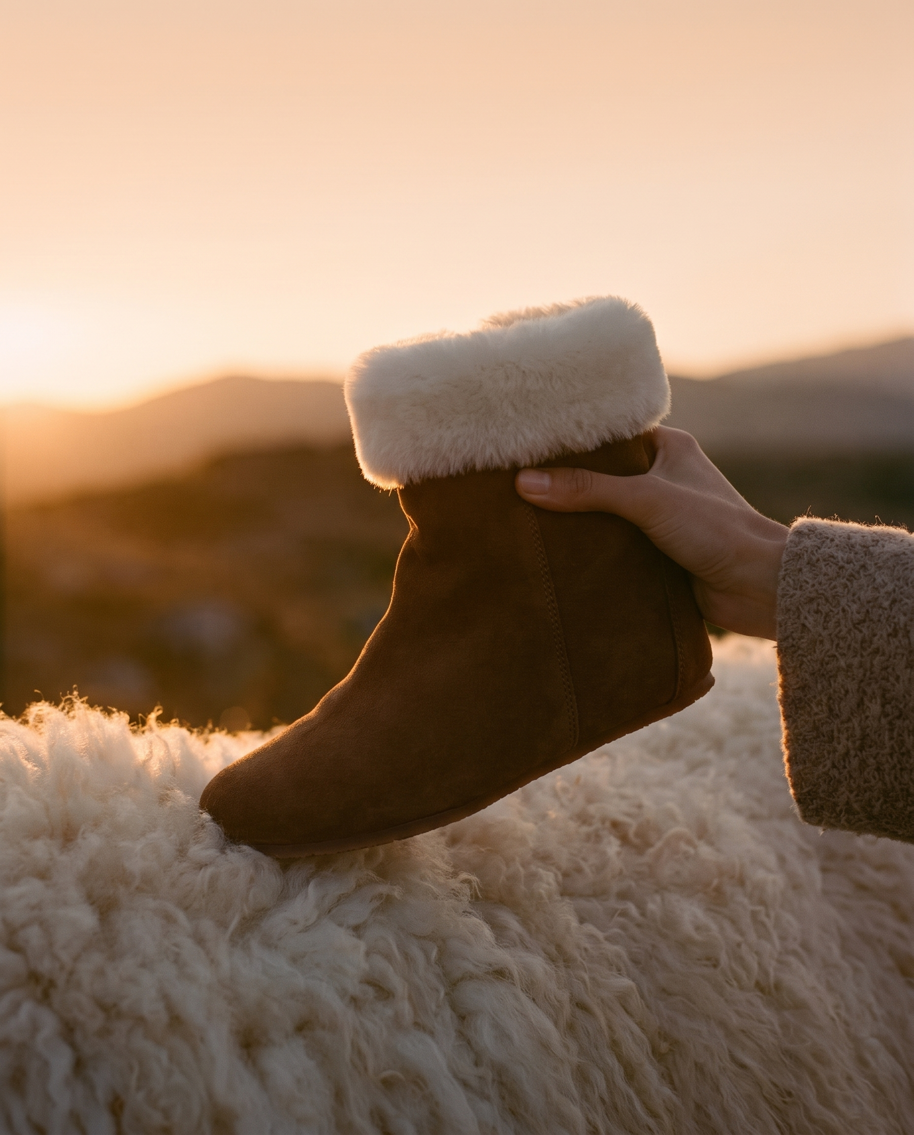 A person holding a brown, fur-cuffed boot over a sheep's back at sunset.