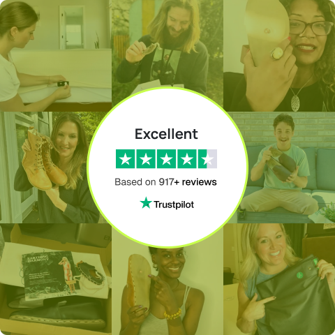 Collage of people holding shoes around a Trustpilot review badge.