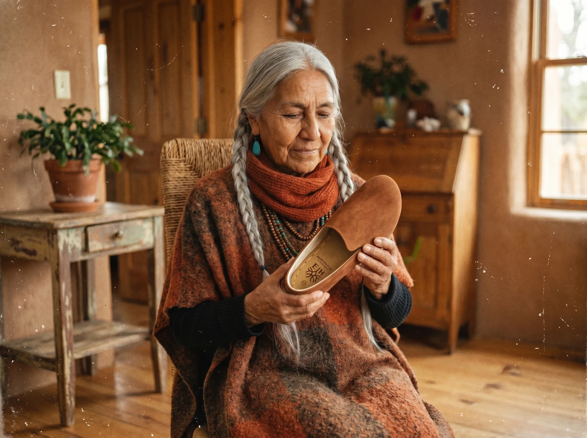 An elderly woman with long gray braids sits in a chair holding a brown suede loafer.