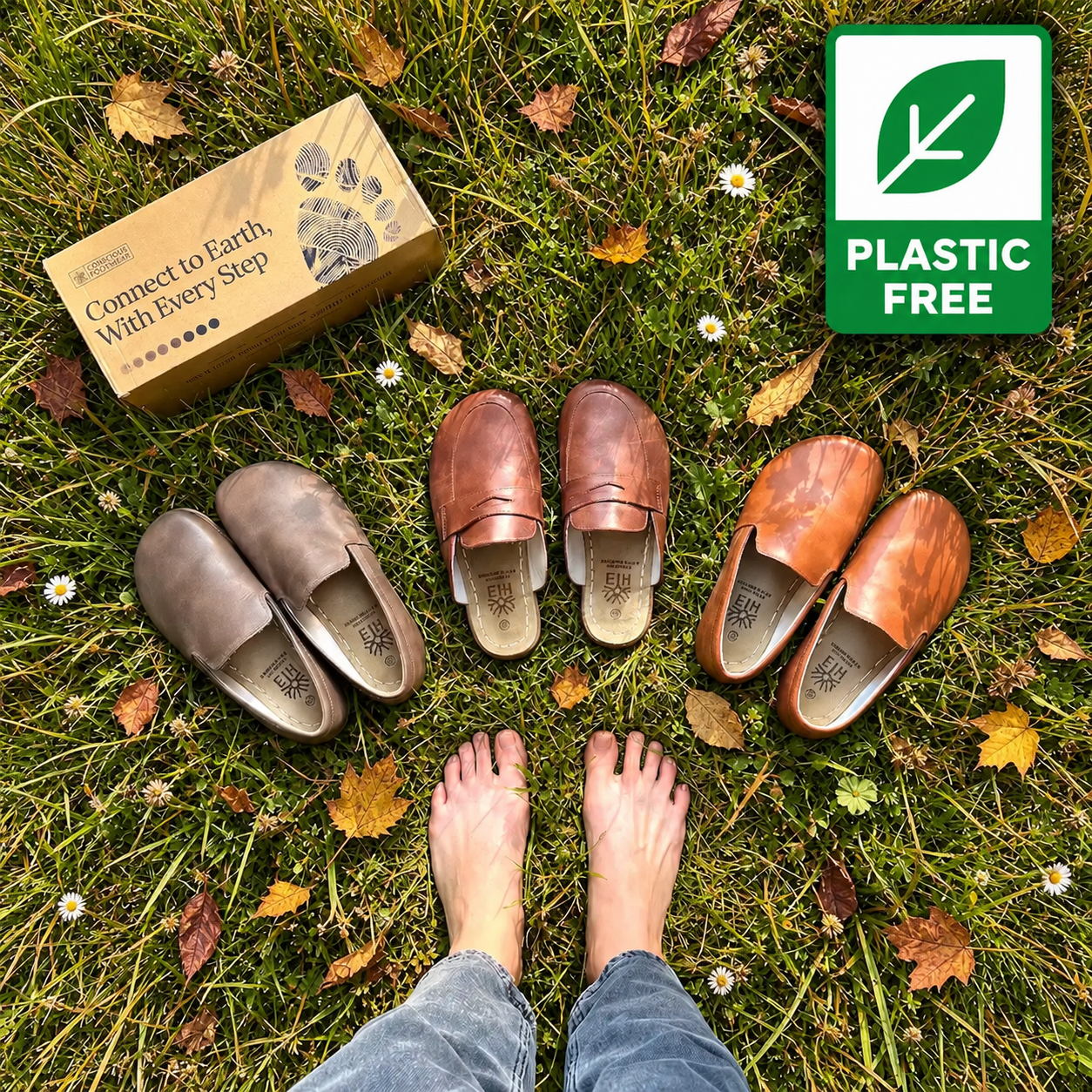 A person stands barefoot on grass, surrounded by three pairs of slip-on shoes, a box, and autumn leaves.