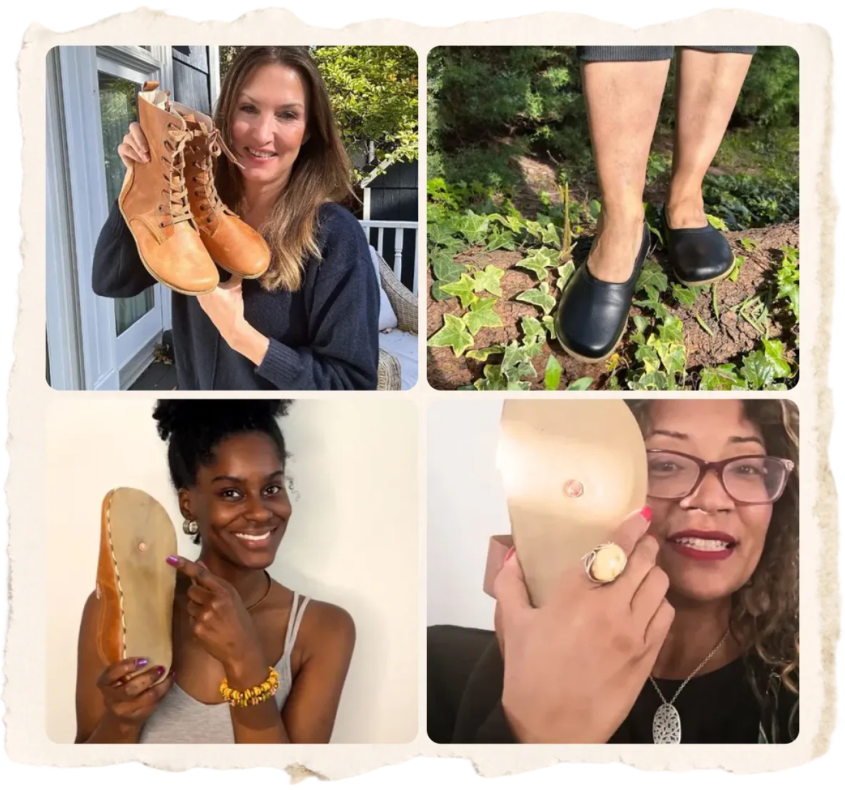 A collage of four images showing different women holding or wearing various styles of shoes and boots.