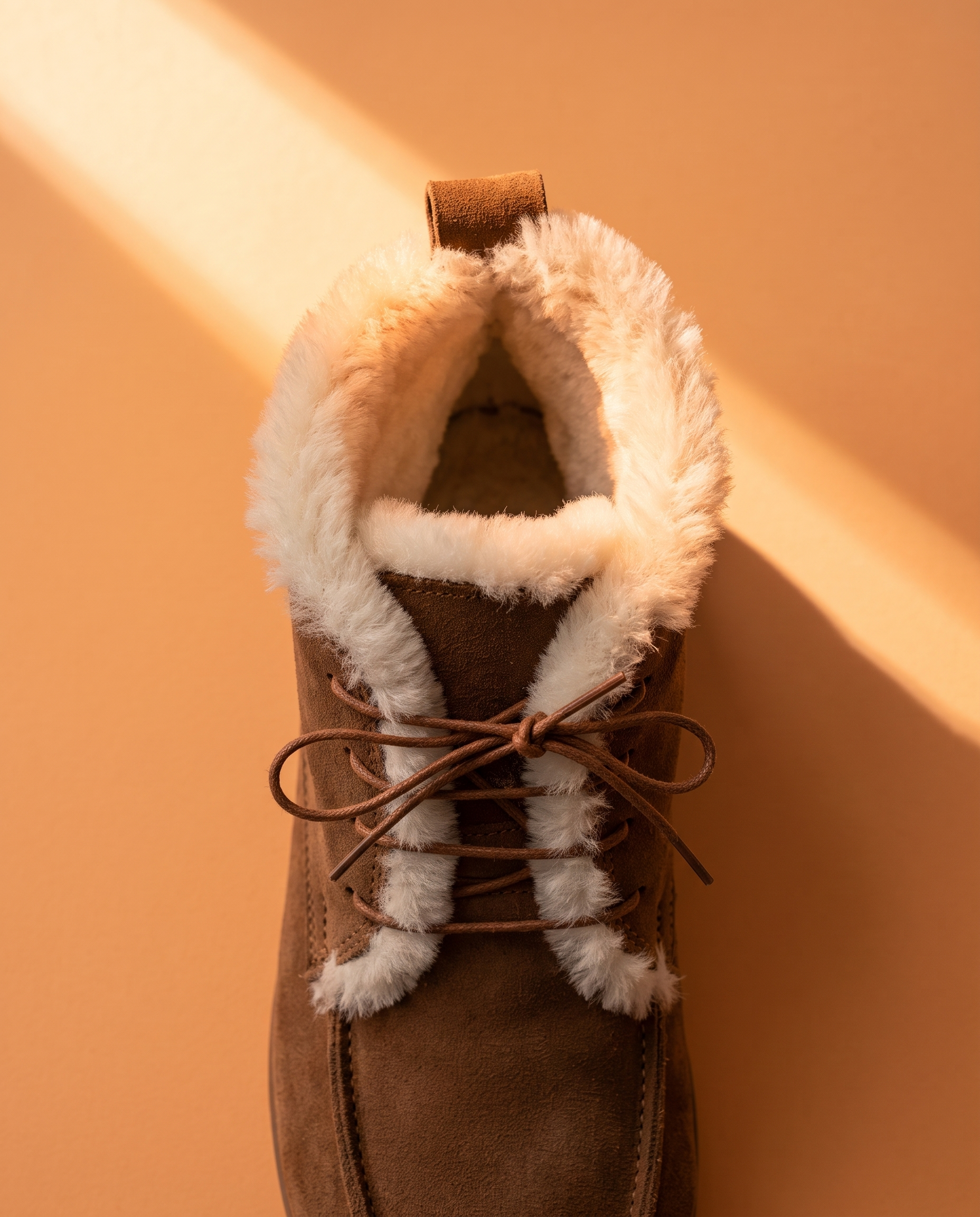 A top-down view of a single brown suede boot with a white fur lining and laces.