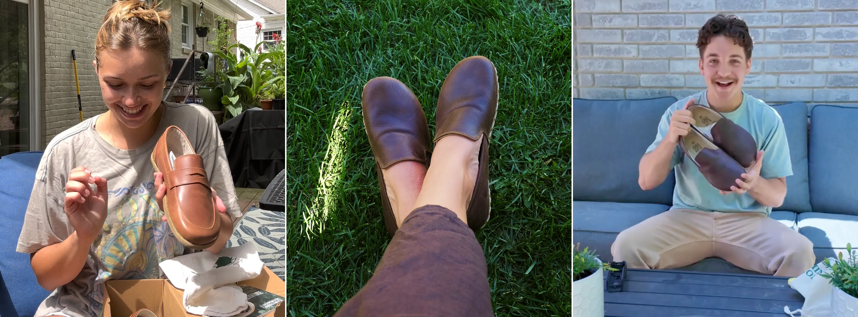 Three-panel image of people with brown shoes outdoors.