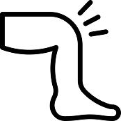 A black line icon of a bent leg with lines indicating knee pain or injury.