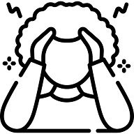 A black and white line icon of a person with curly hair holding their head in distress.