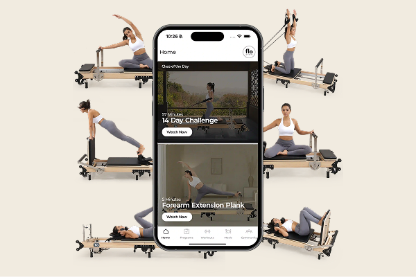 Smartphone displaying fitness app, surrounded by six images of a person exercising on reformer machines.