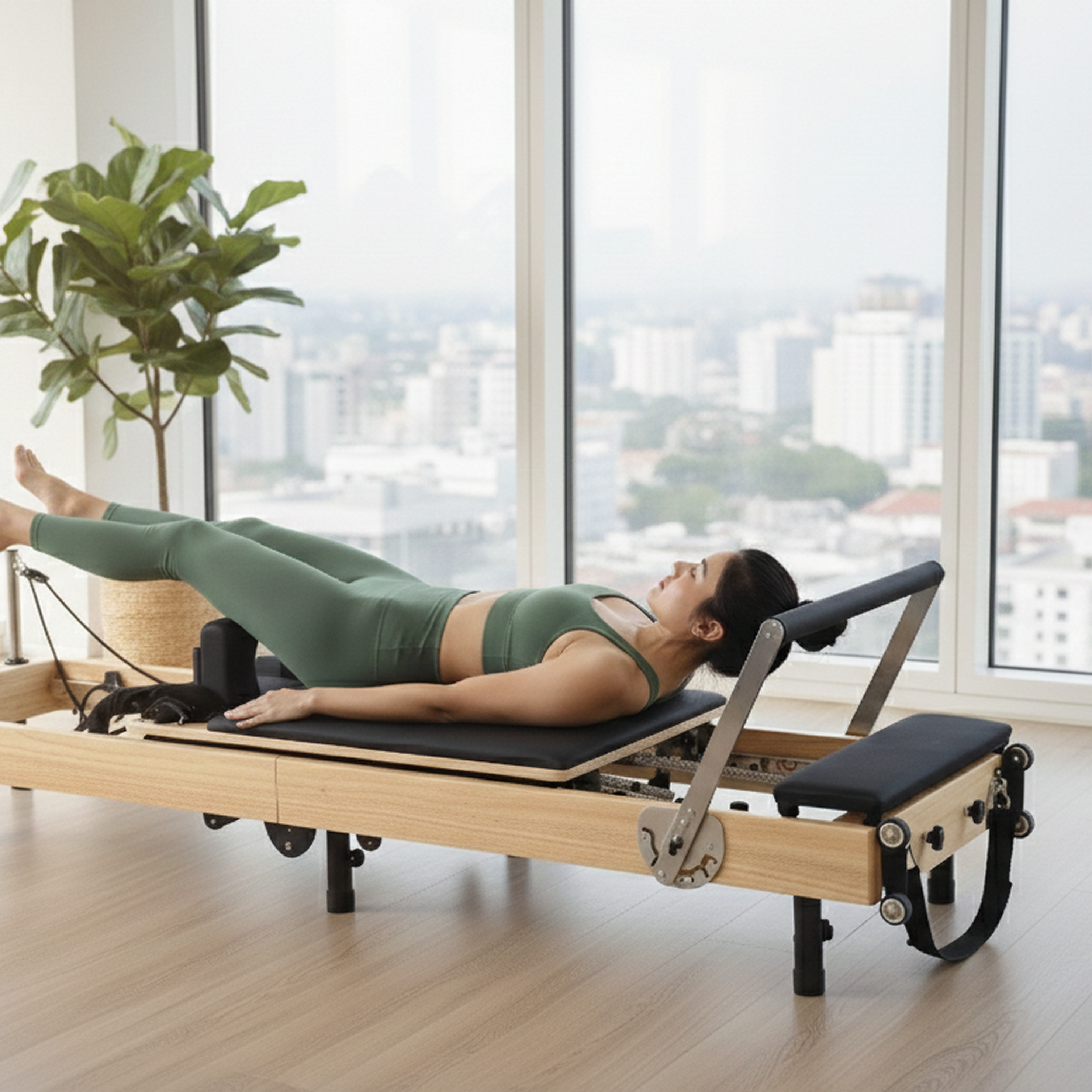 A woman in green activewear lies on a wooden Pilates reformer machine in a sunlit room.