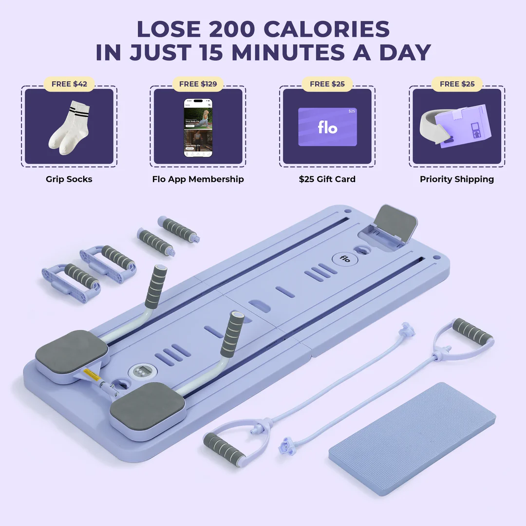 An advertisement for a purple home exercise board with accessories and an offer for four free items.