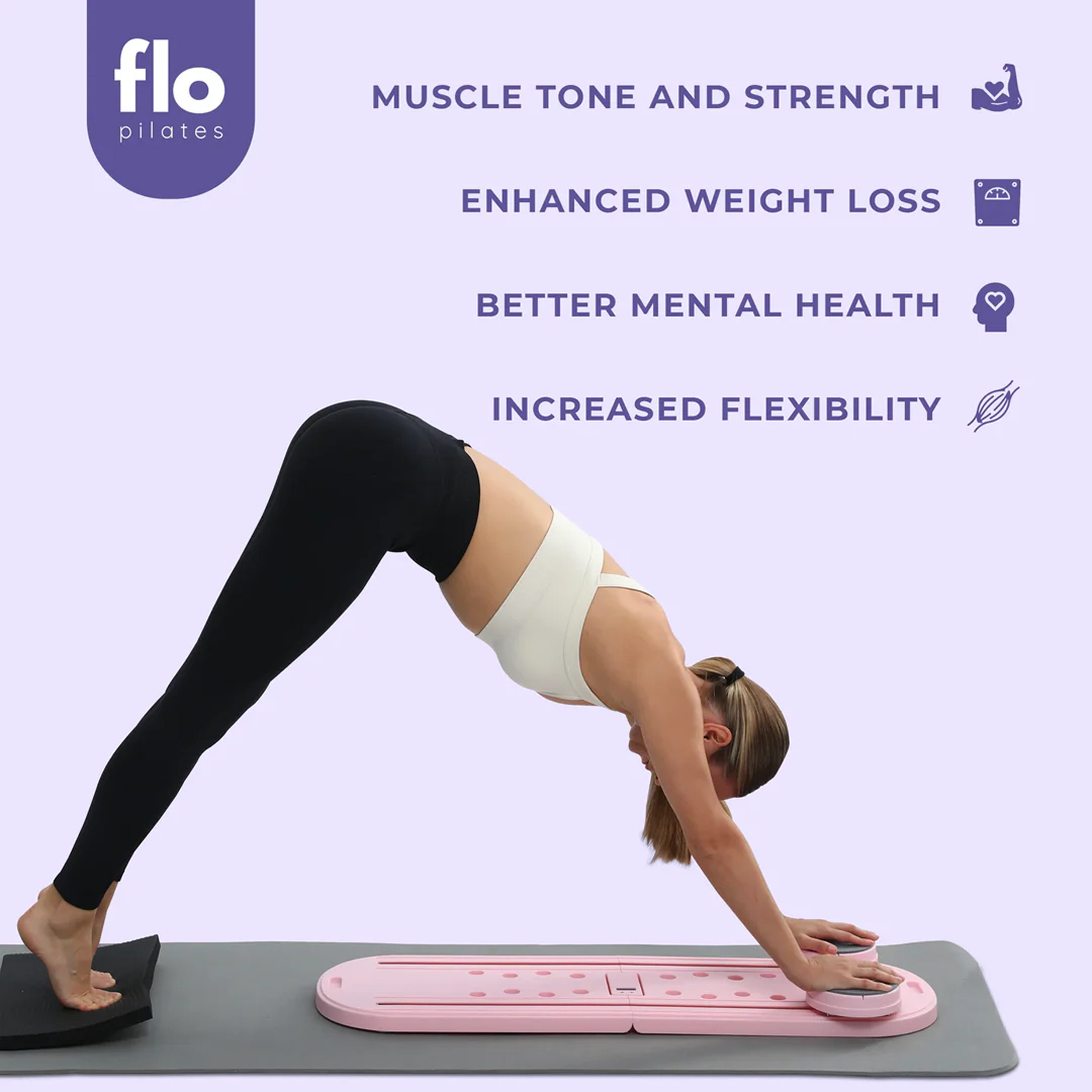 A woman performs a pilates pose on a pink board, with text above listing benefits of the exercise.