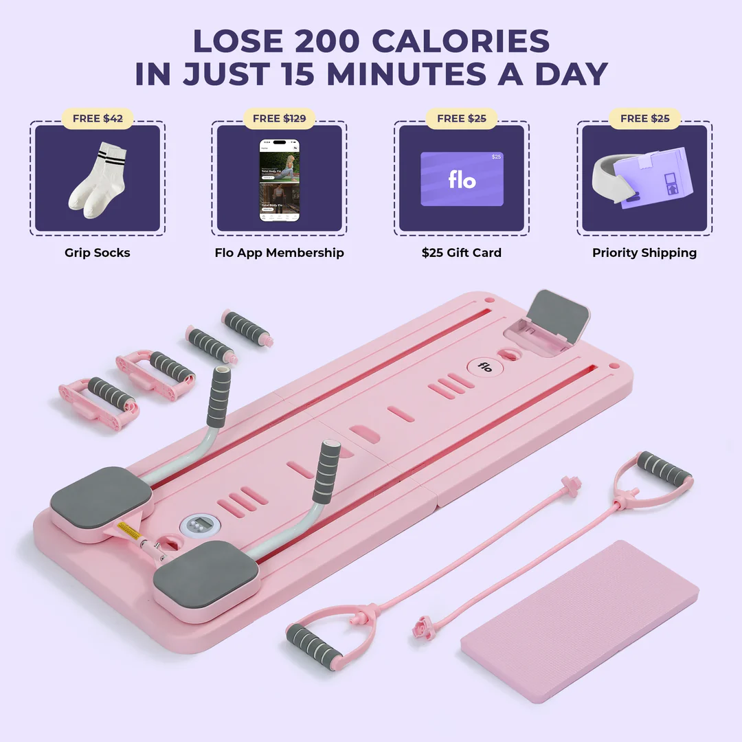 An advertisement for a pink home workout system, with accessories and offers for free socks, app membership, and more.