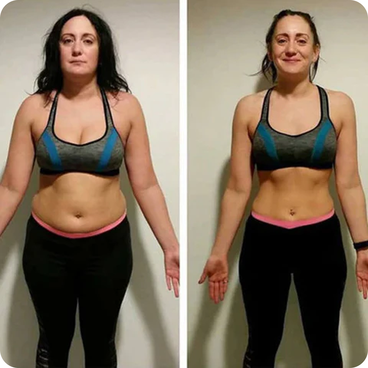A side-by-side before and after photo of a woman in workout clothes showing her weight loss transformation.