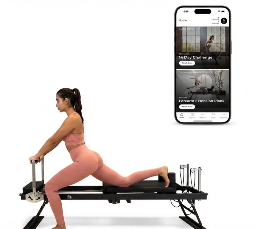 A woman in a pink outfit kneels on a pilates reformer, stretching her arms with resistance straps.