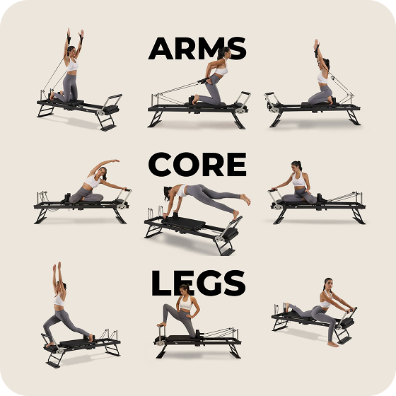 A woman demonstrates various Pilates reformer exercises for arms, core, and legs in a nine-panel grid.