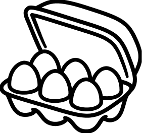 A black and white line drawing icon of an open carton containing six eggs.