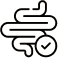 A black and white line icon of intestines with a checkmark in a circle next to it.