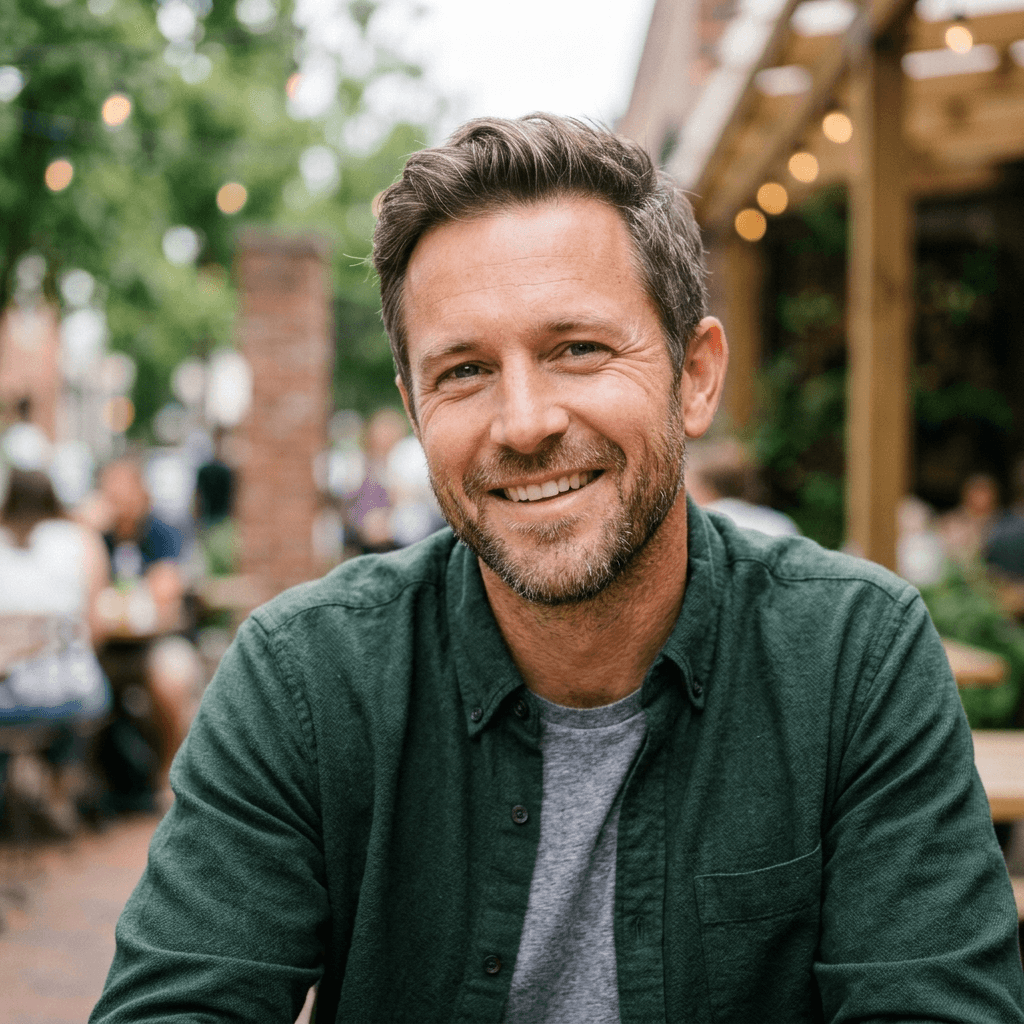 A circular portrait of a smiling, middle-aged man with a beard, wearing a casual shirt outdoors.