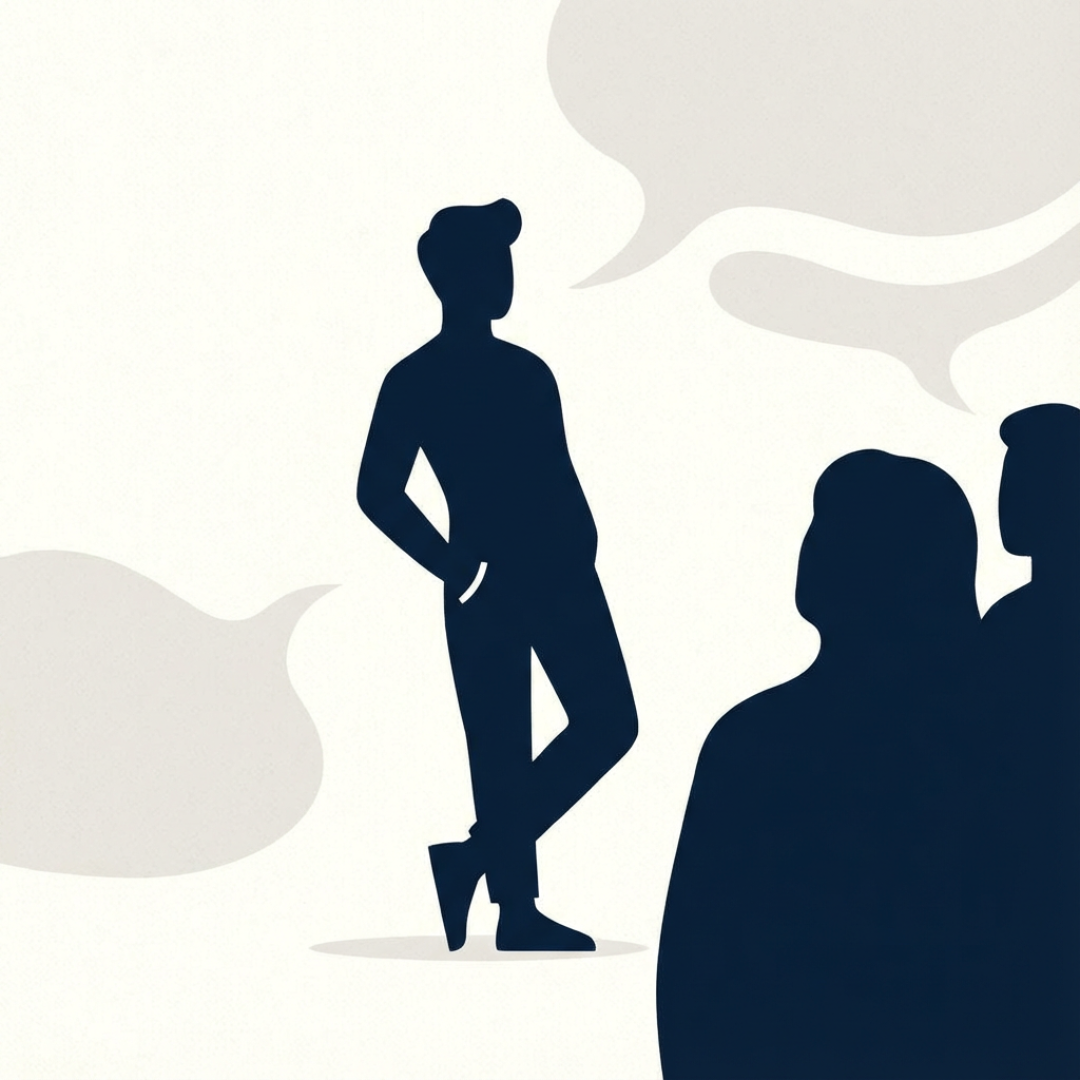 Silhouettes of people with speech bubbles on a light background.