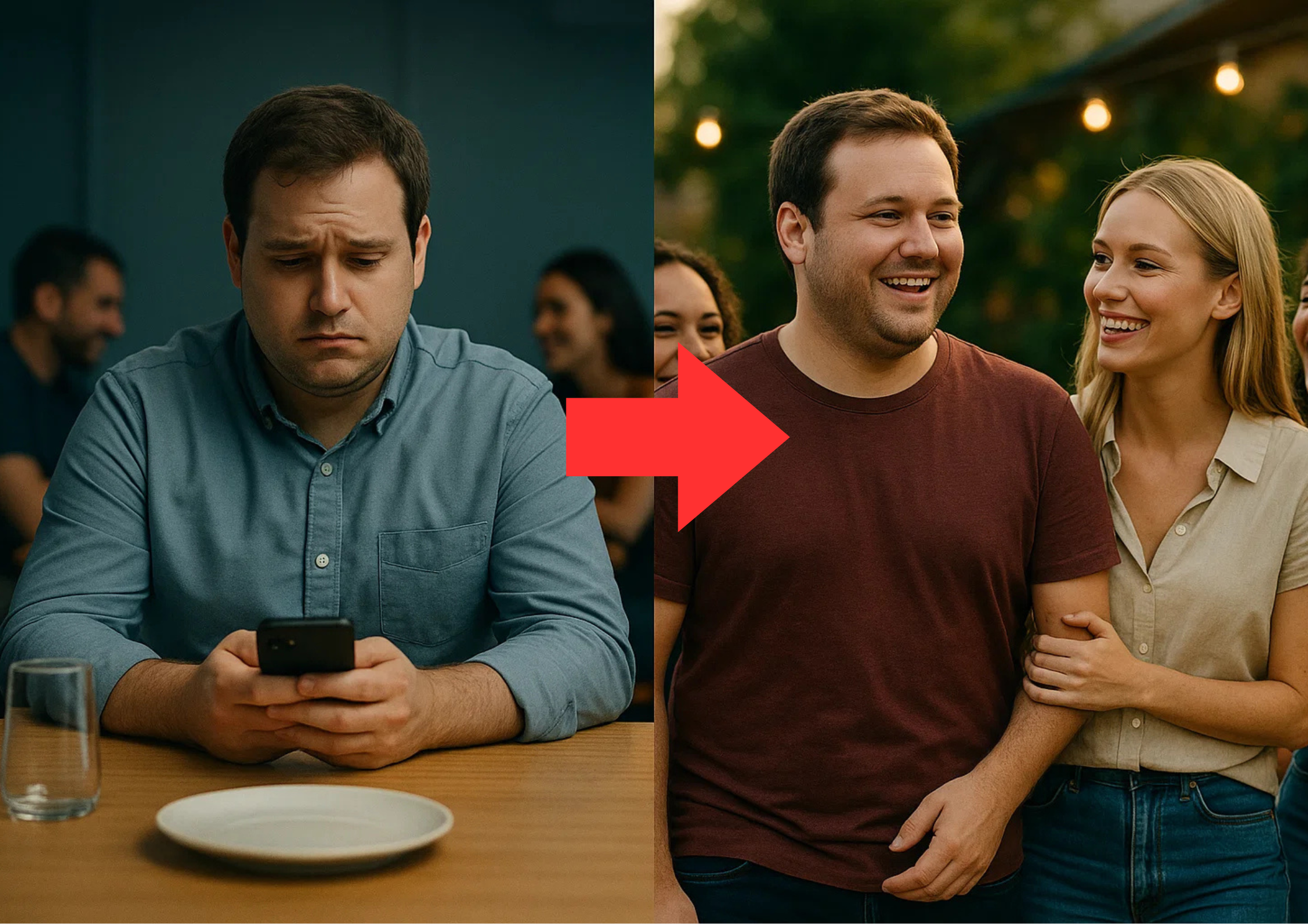 Side-by-side images of a sad man alone and happy man with friends.
