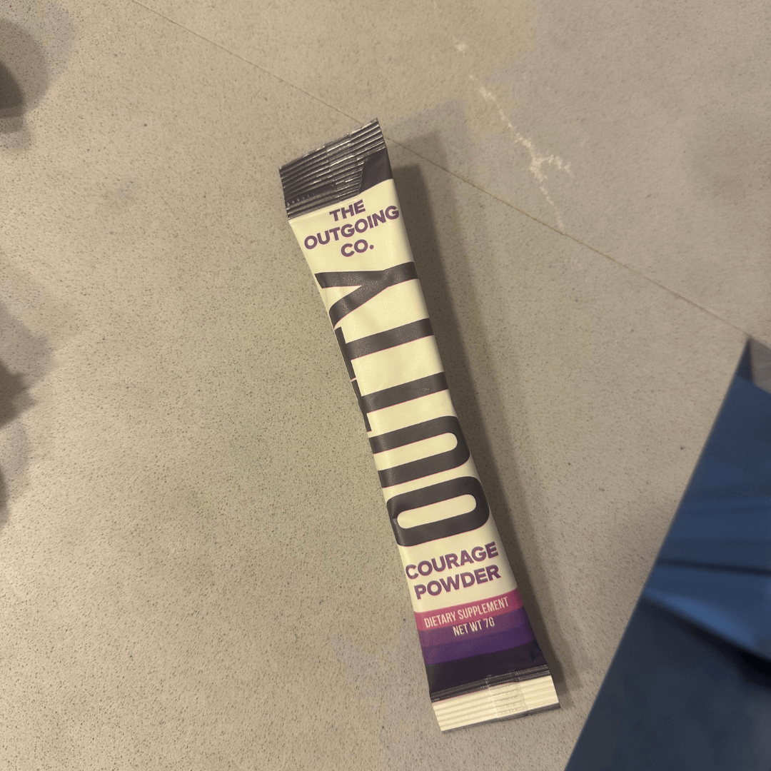 Packet labeled 'Courage Powder' lying on a flat surface.