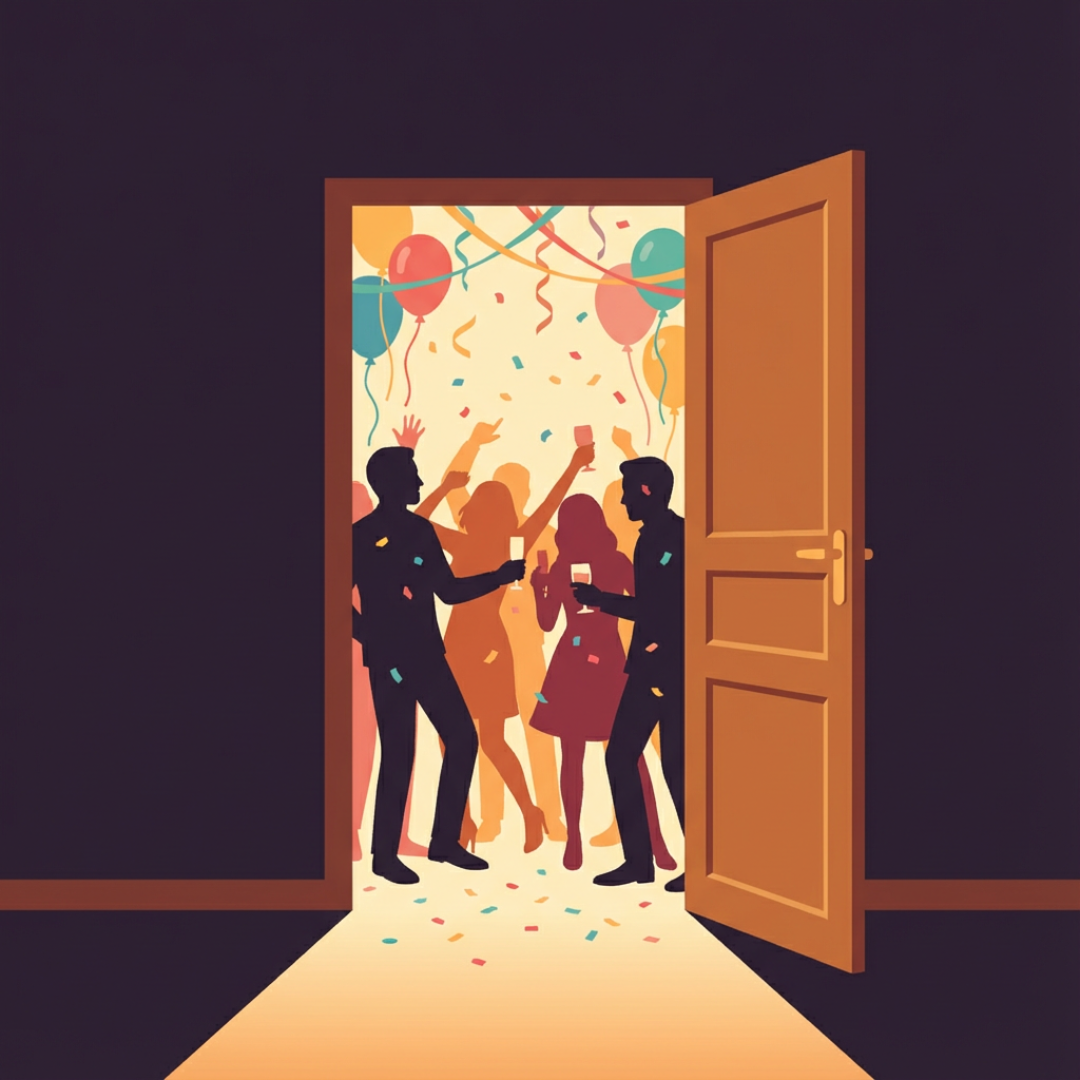 Silhouettes of people at a lively party with balloons and confetti.