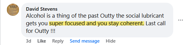 A social media comment by David Stevens promoting a product called Outty as an alternative to alcohol.