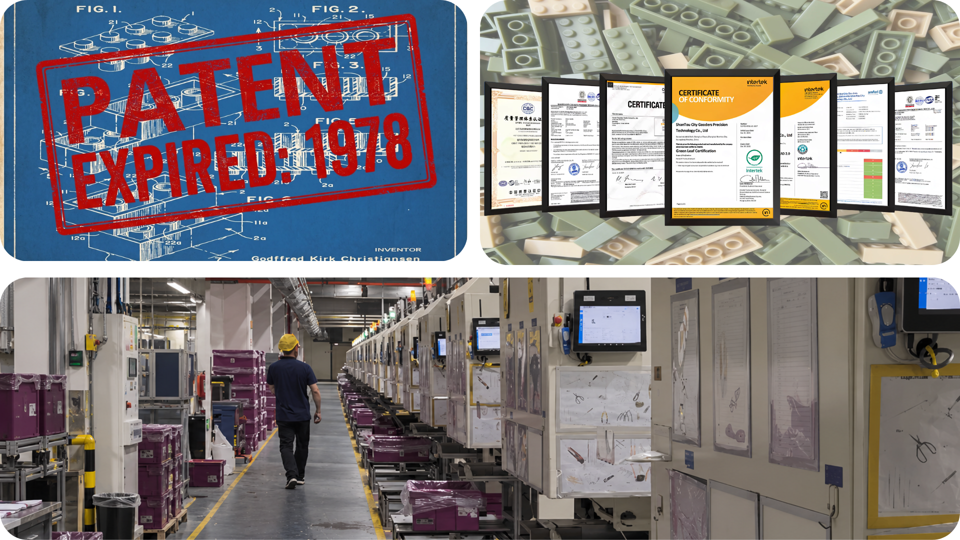 Collage of an expired brick patent, conformity certificates, and a man walking through a factory.