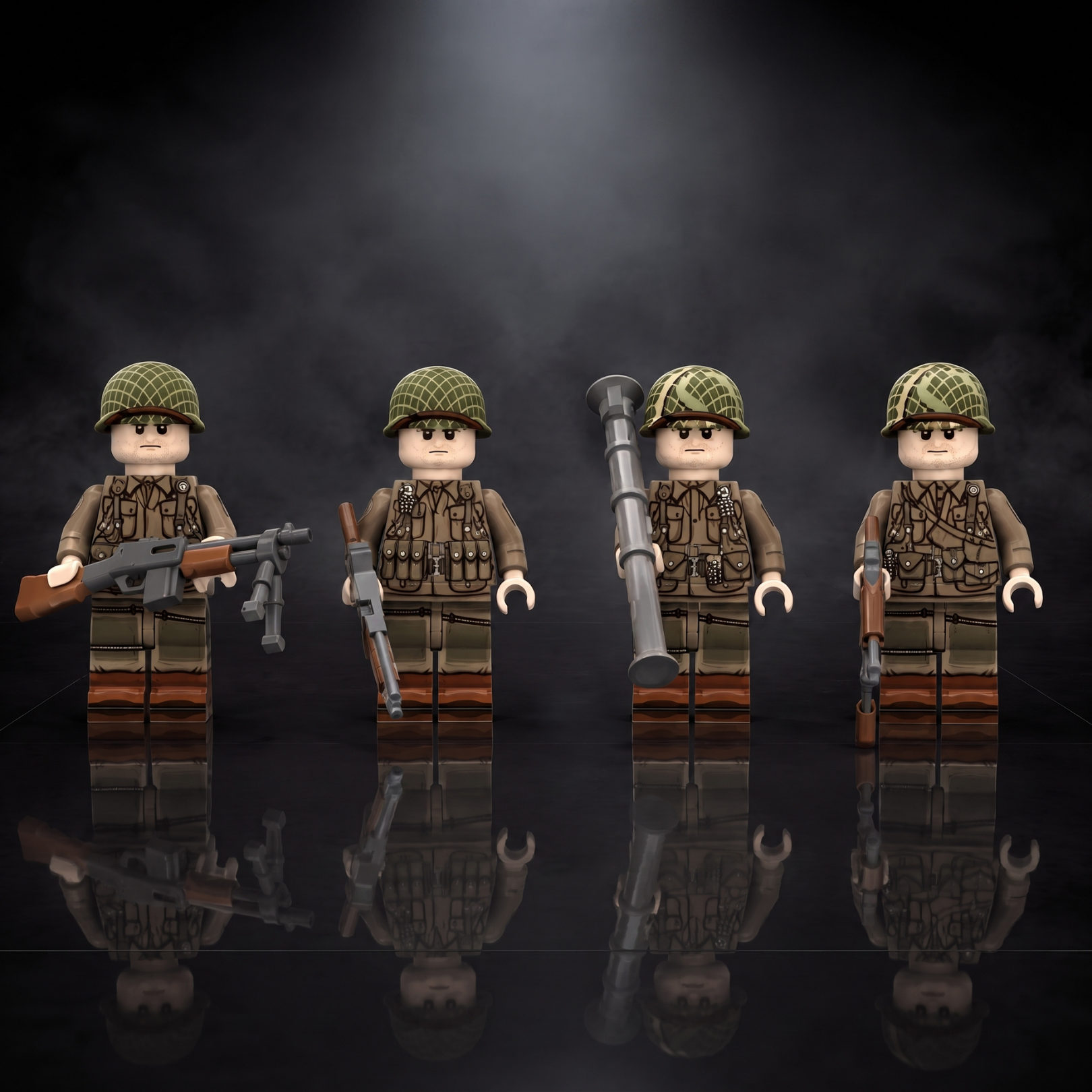Four LEGO soldier minifigures holding various weapons stand on a reflective surface against a dark background.
