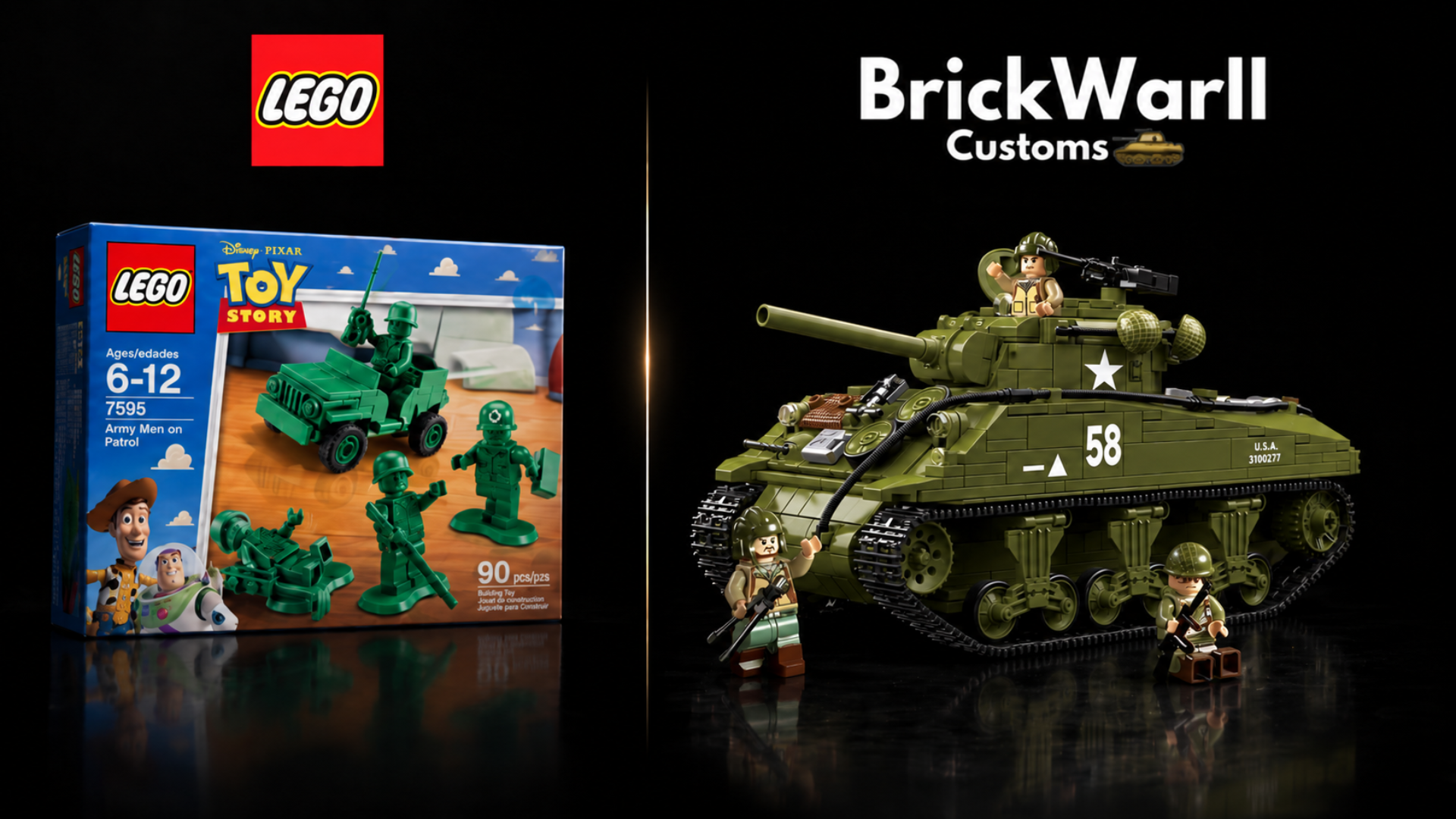 A comparison between an official LEGO Toy Story army set and a custom, more realistic military tank set.