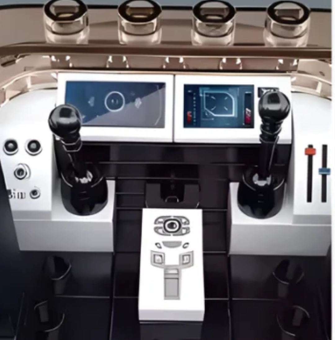 A close-up view of a model vehicle's cockpit, showing joysticks, screens, and control panels.