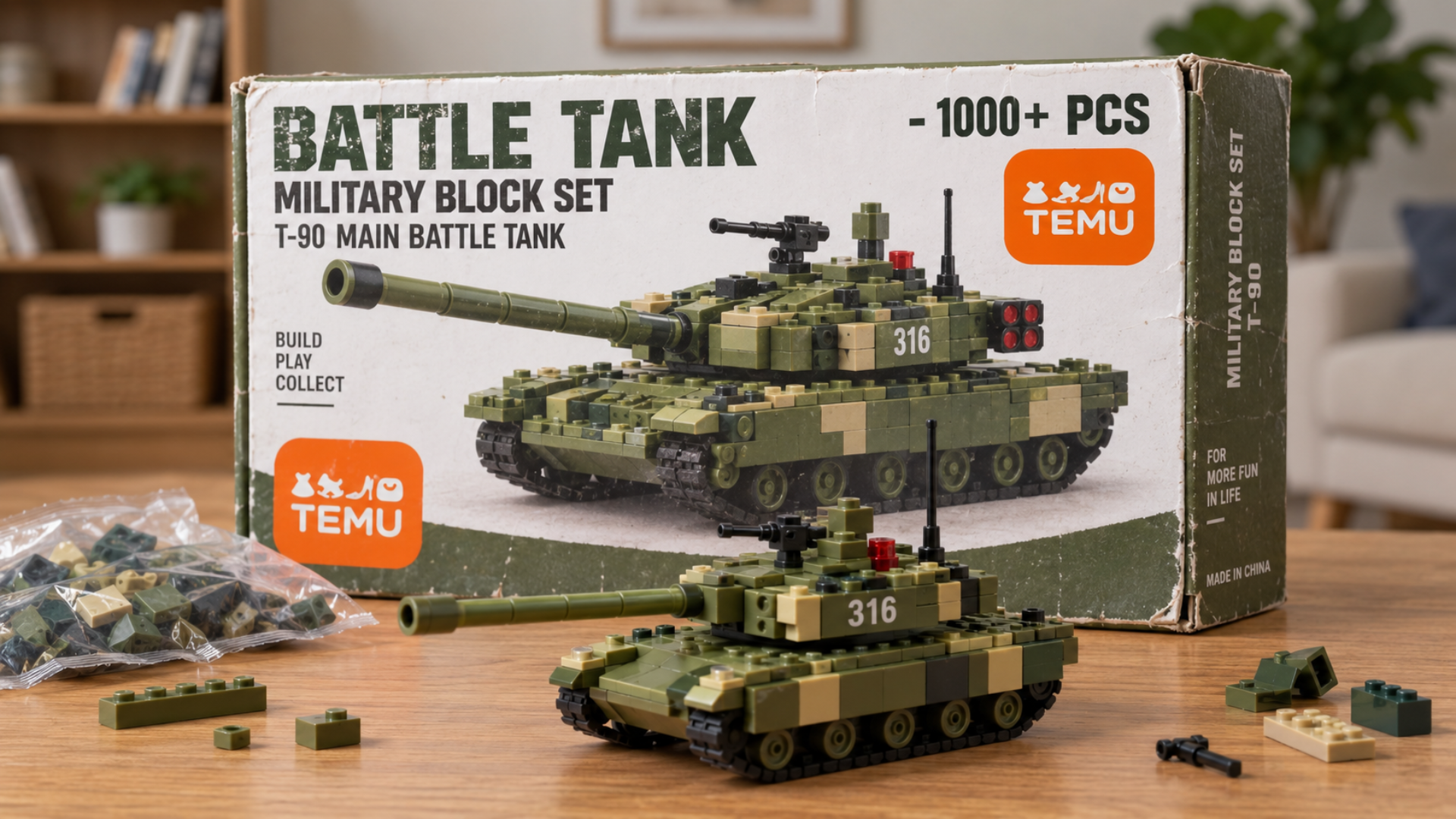 A building block model of a T-90 tank sits in front of its 'Battle Tank' box.