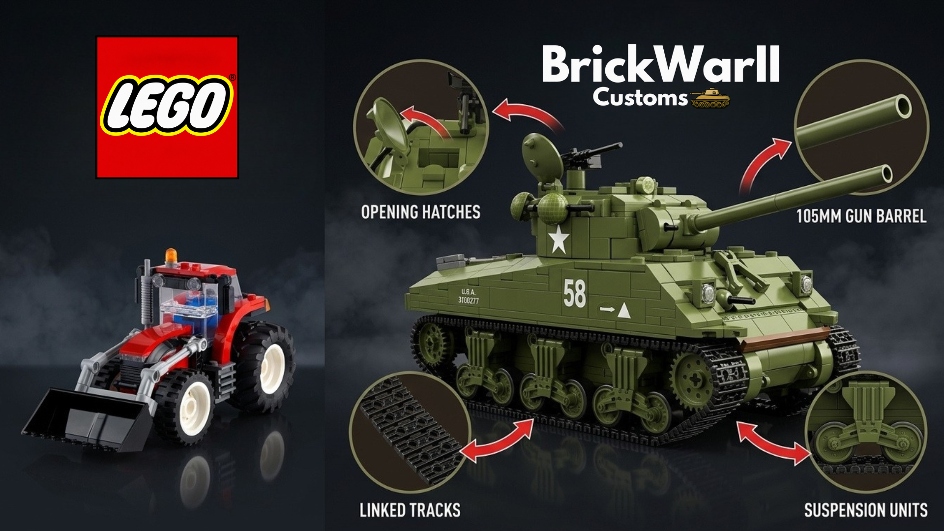 A comparison image showing a red LEGO tractor next to a green custom brick tank.