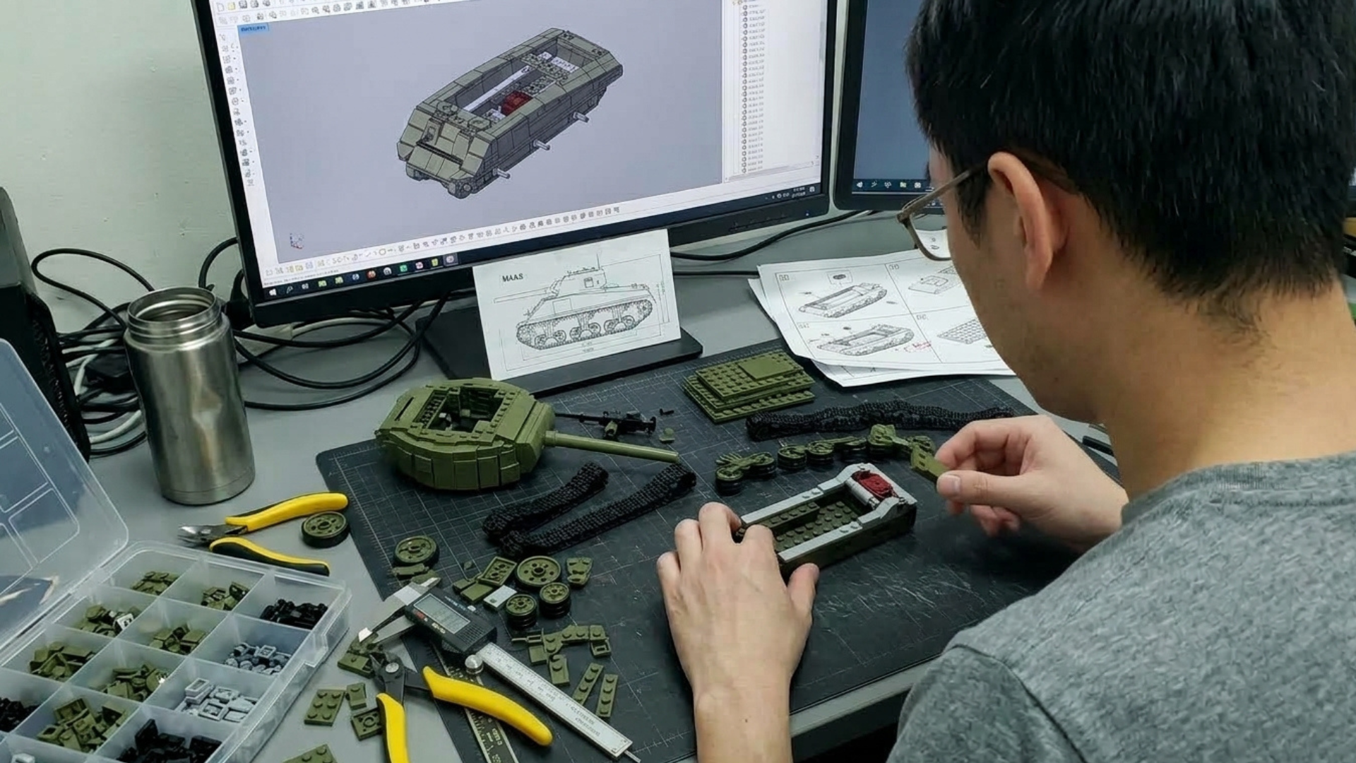 A person builds a model tank from bricks, with design plans and a CAD model on a computer.