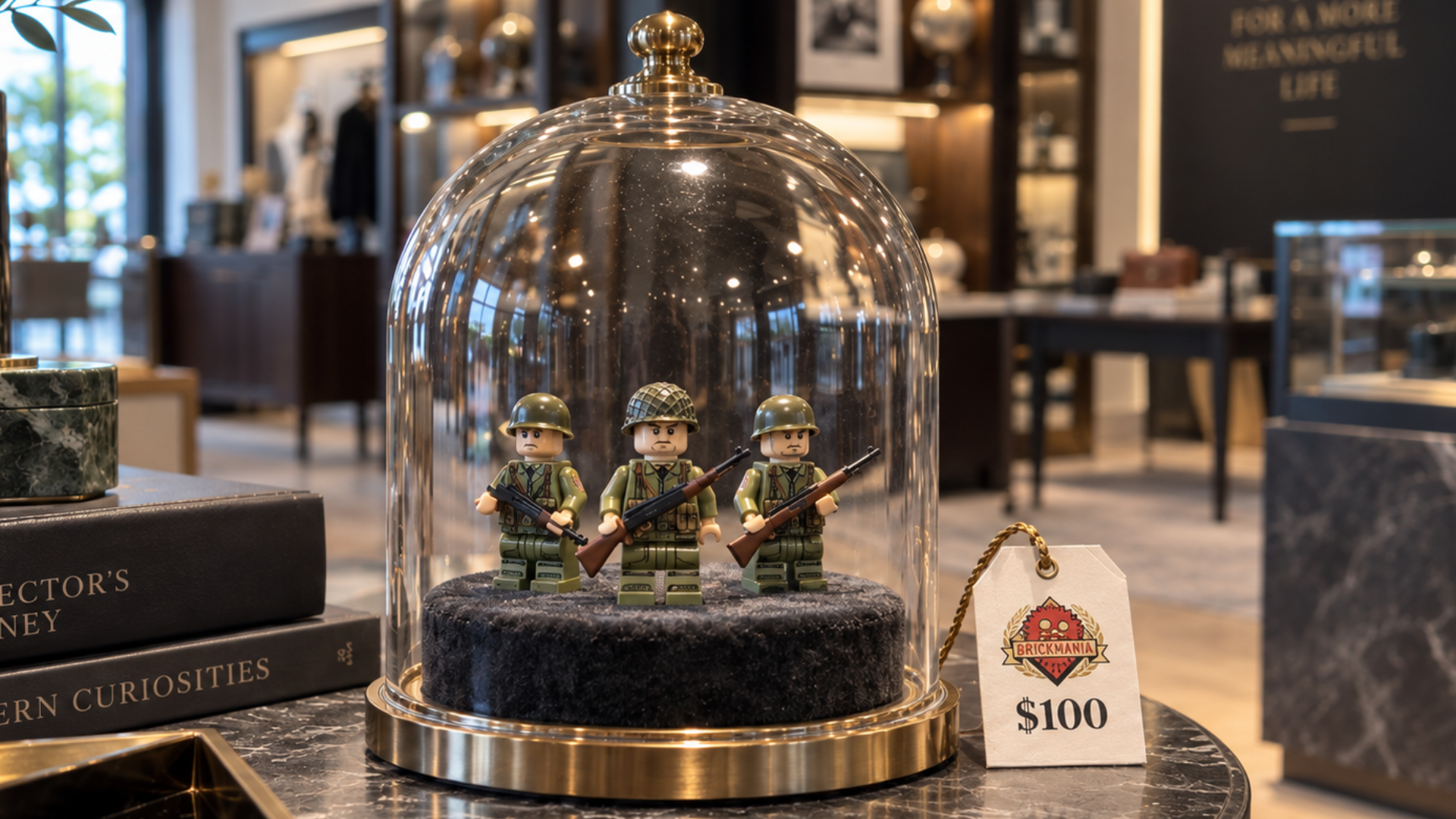 Three soldier minifigures are displayed under a glass cloche with a $100 price tag.