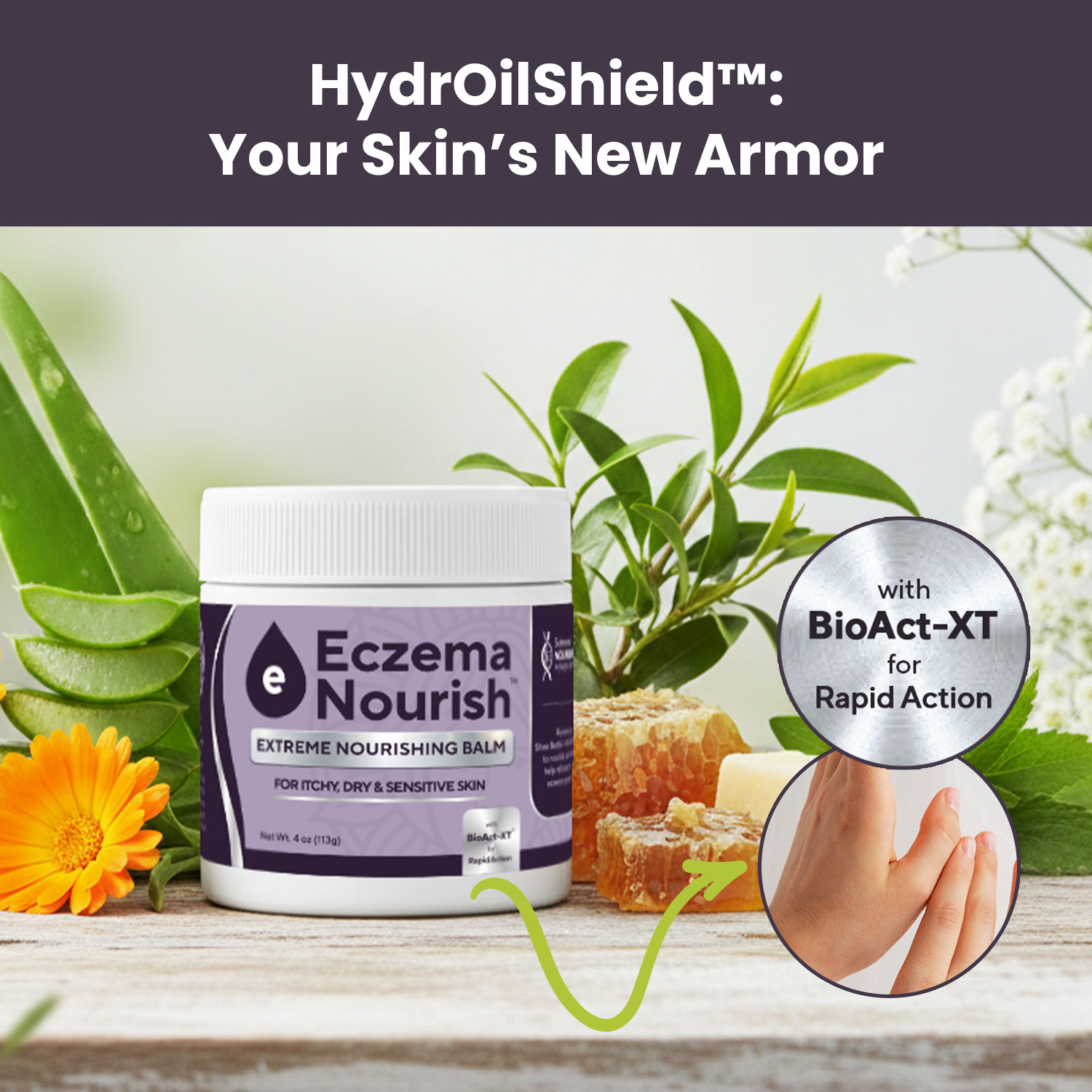 A jar of Eczema Nourish balm on a wooden surface with ingredients like aloe and honeycomb.