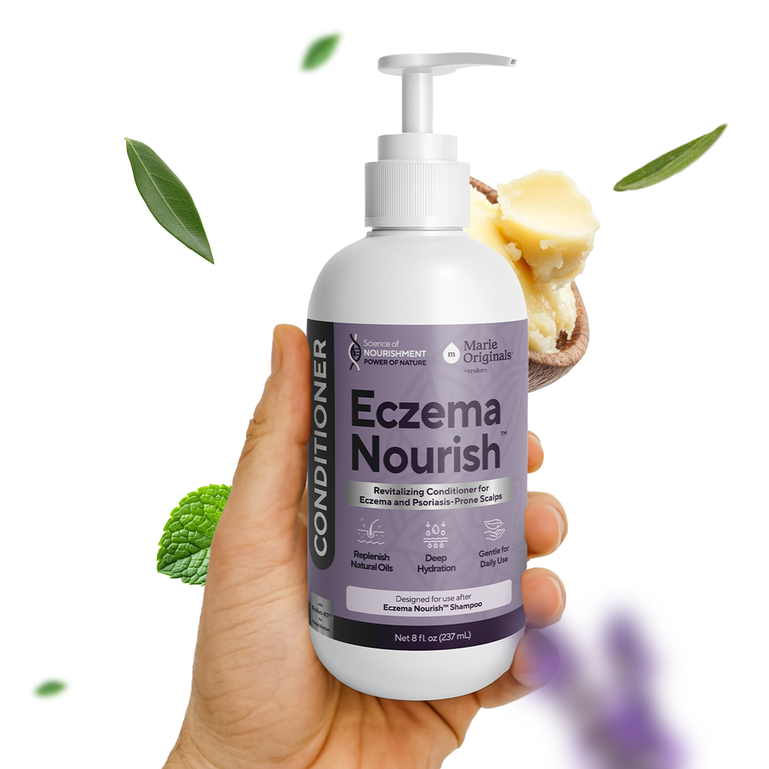 A hand holding a bottle of Eczema Nourish conditioner with leaves and shea butter in the background.