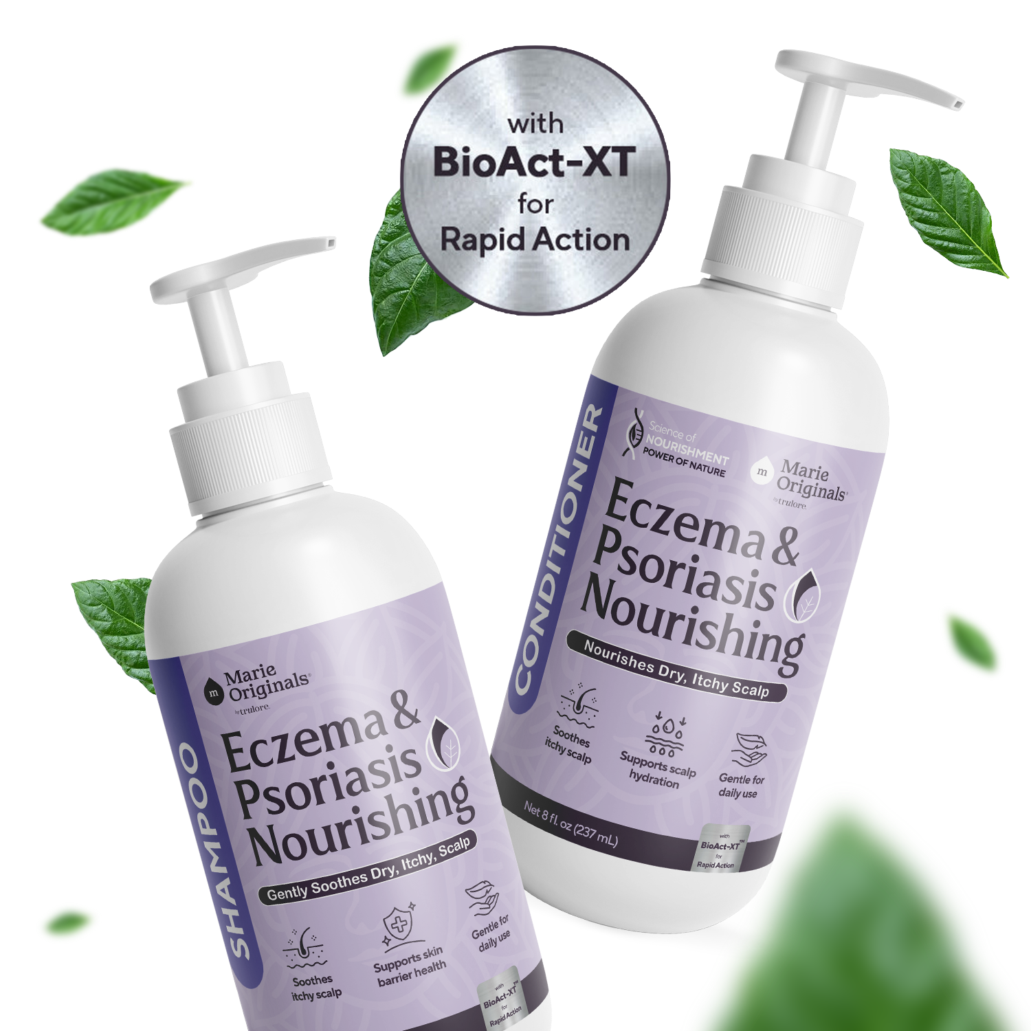 Marie Originals Eczema & Psoriasis Nourishing shampoo and conditioner bottles with green leaves floating in the background.